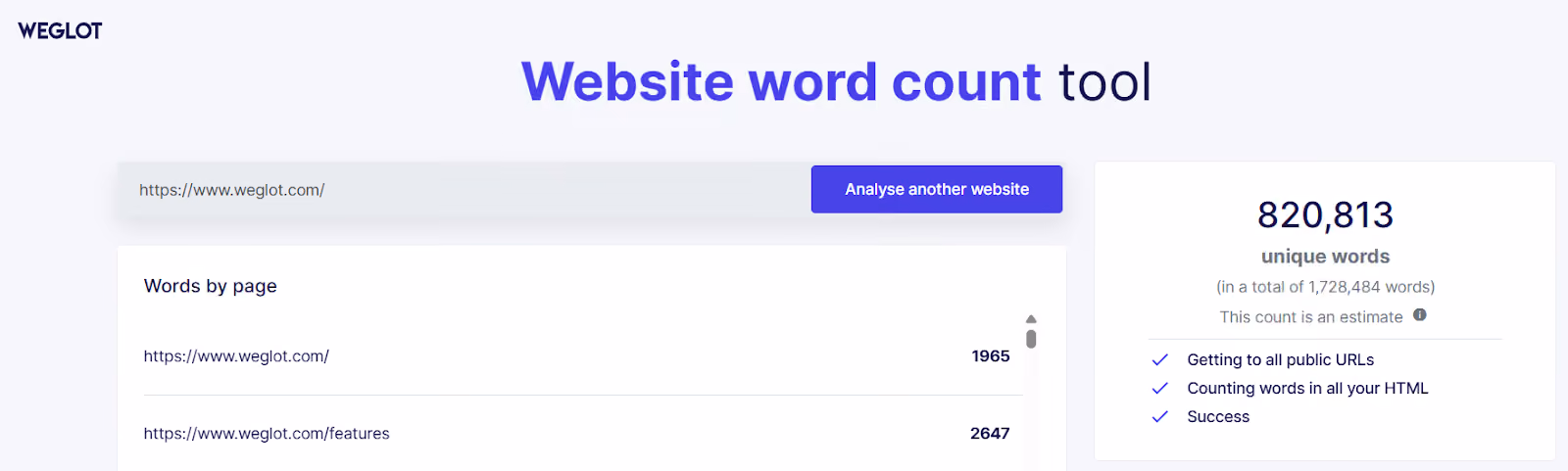 Weglot’s Website Word Count totals