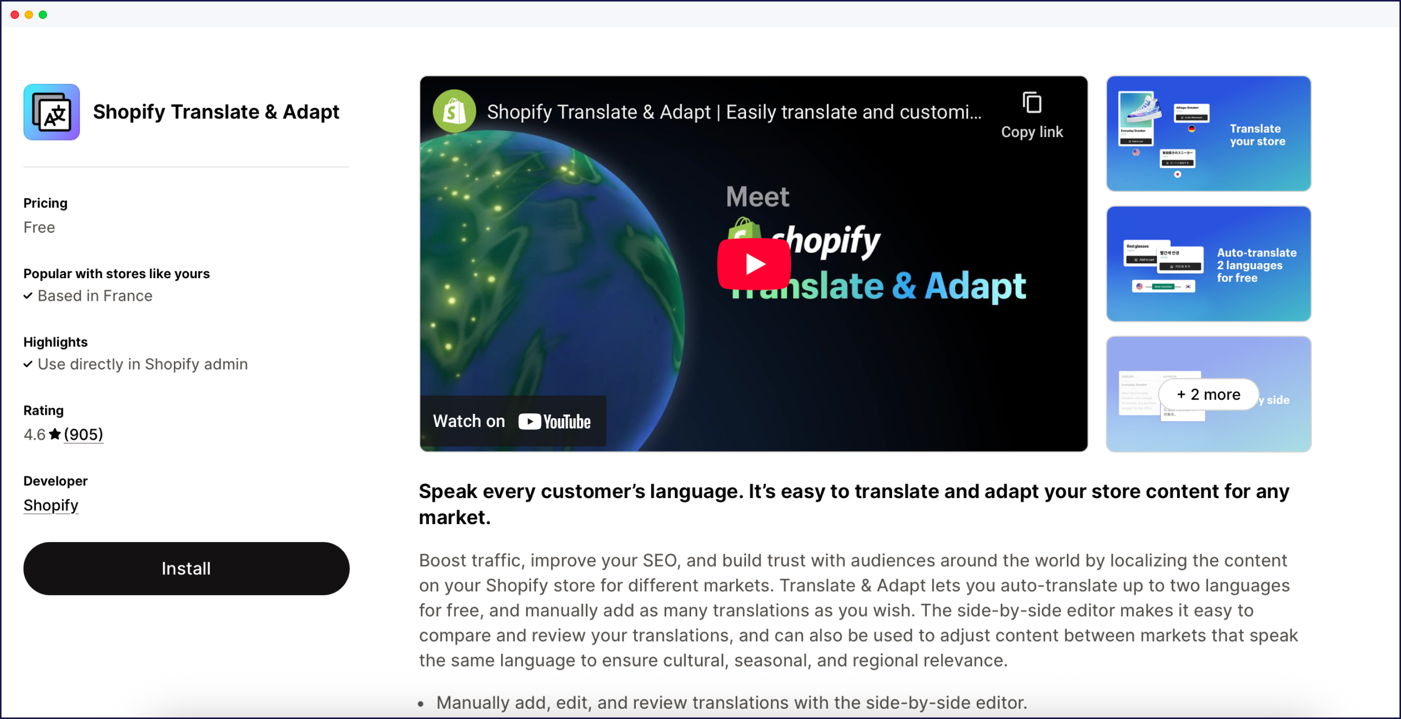 Shopify Translate & Adapt ana sayfası
