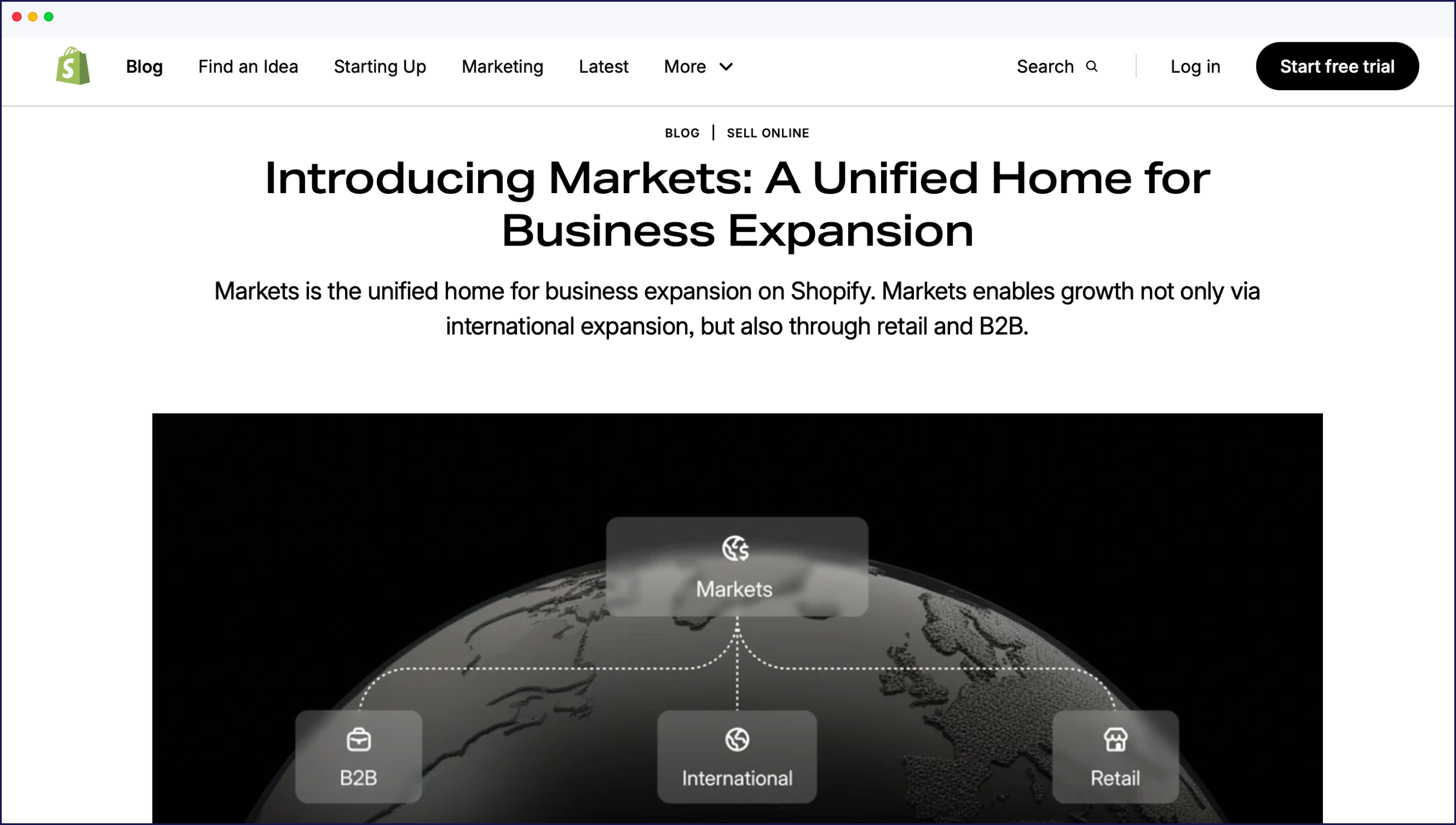 Shopify Markets ana sayfası