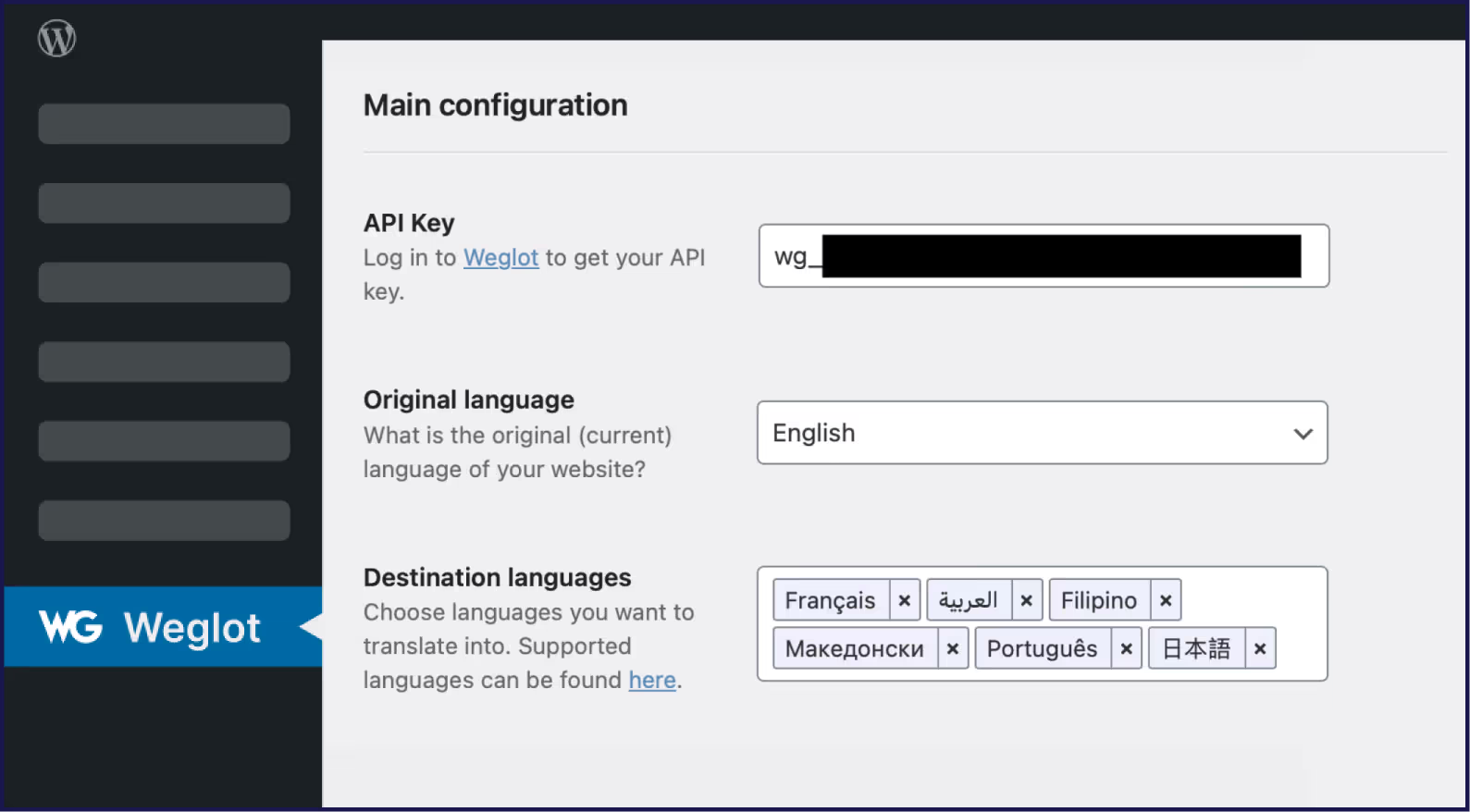 Weglot configuration on the WordPress dashboard