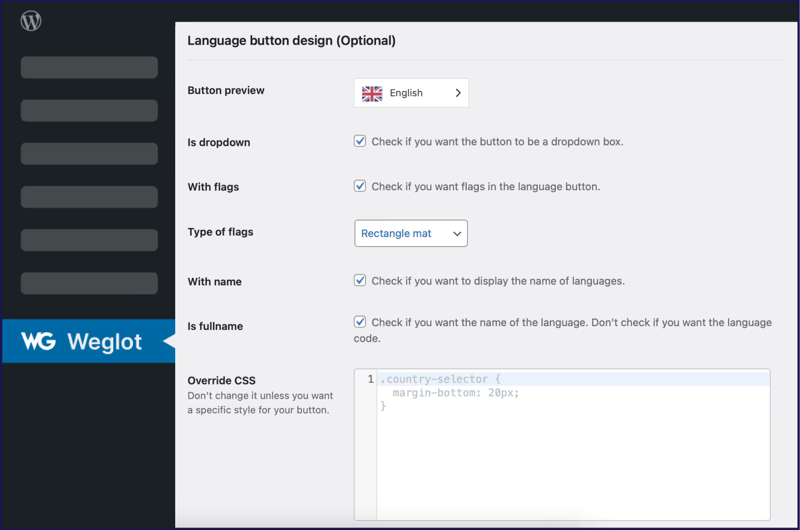 Weglot's Language button design interface on the WordPress dashboard