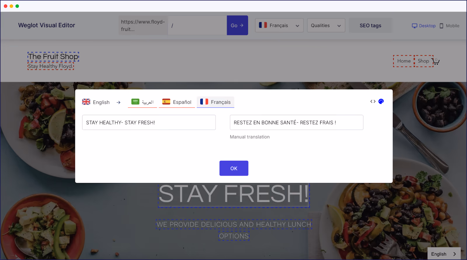 Weglot's Visual Editor showing in-context translation on a live website.