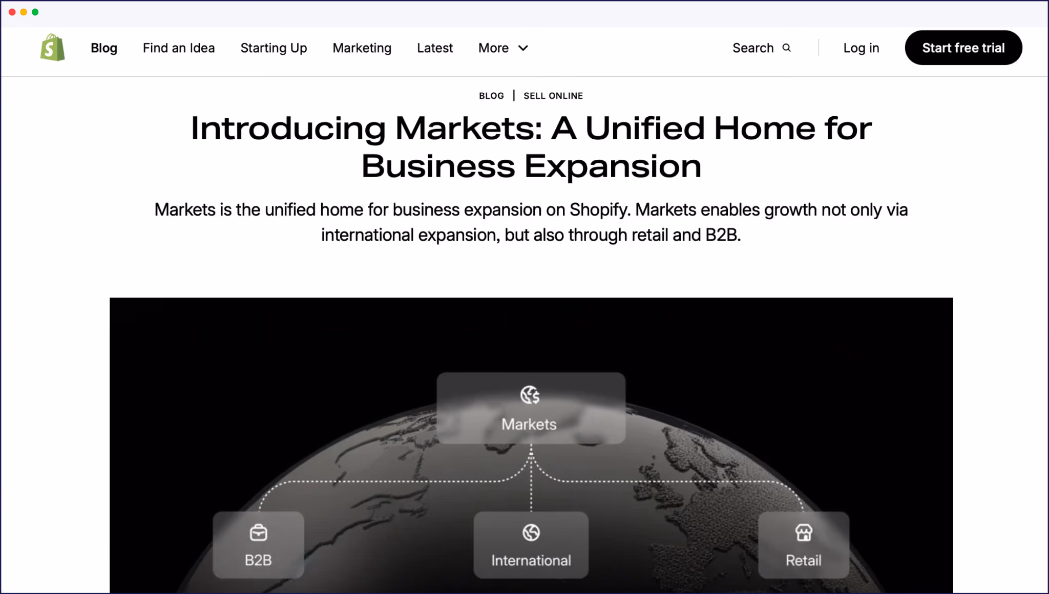 الصفحة الرئيسية لأسواق Shopify