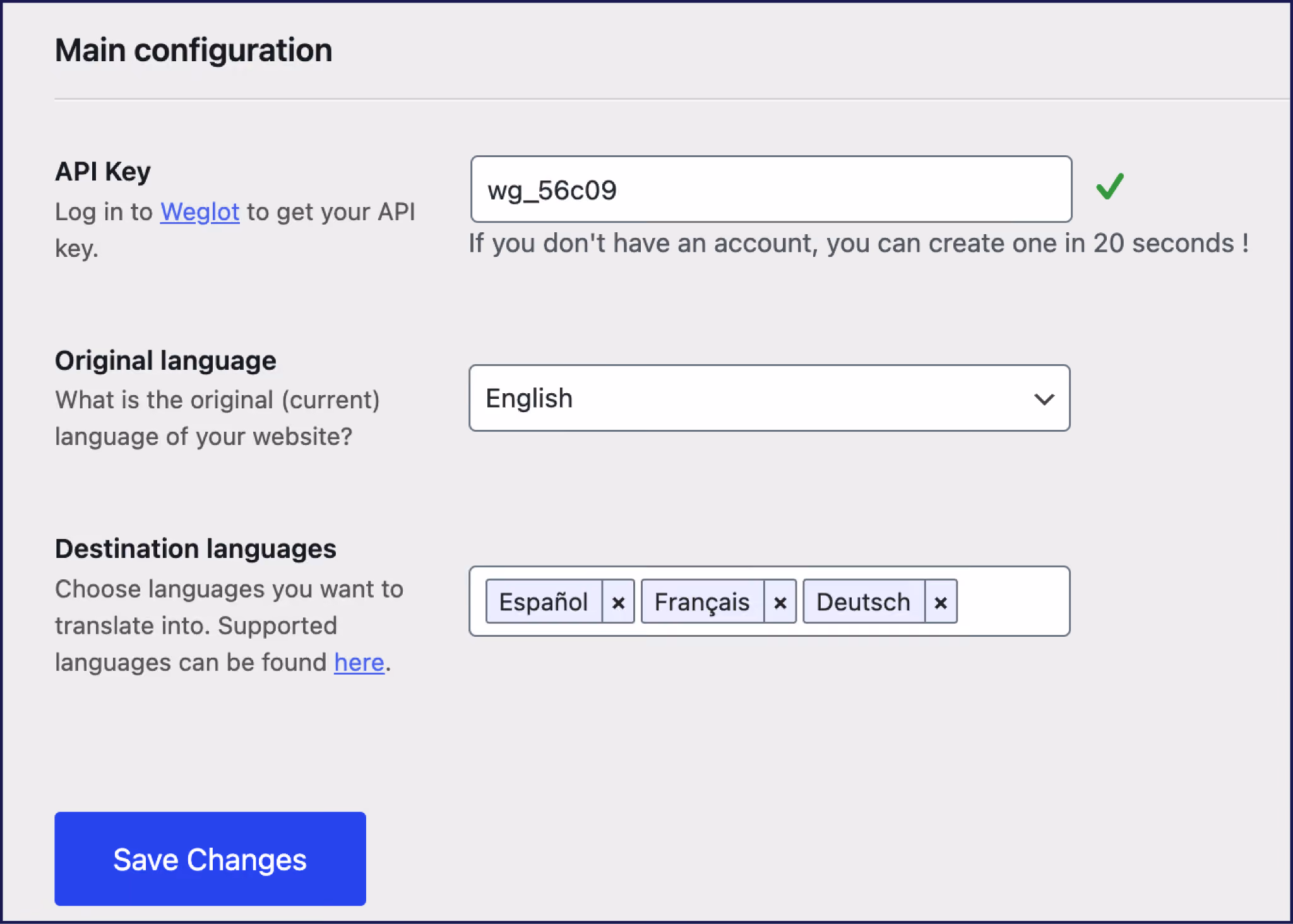 Configuration de Weglot