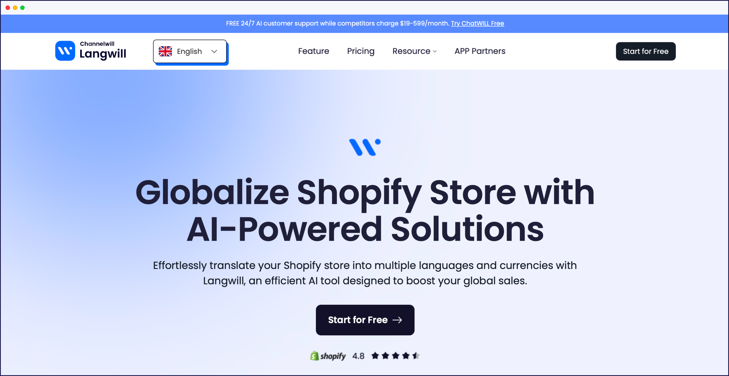 Langwill Shopify çeviri uygulaması ana sayfası