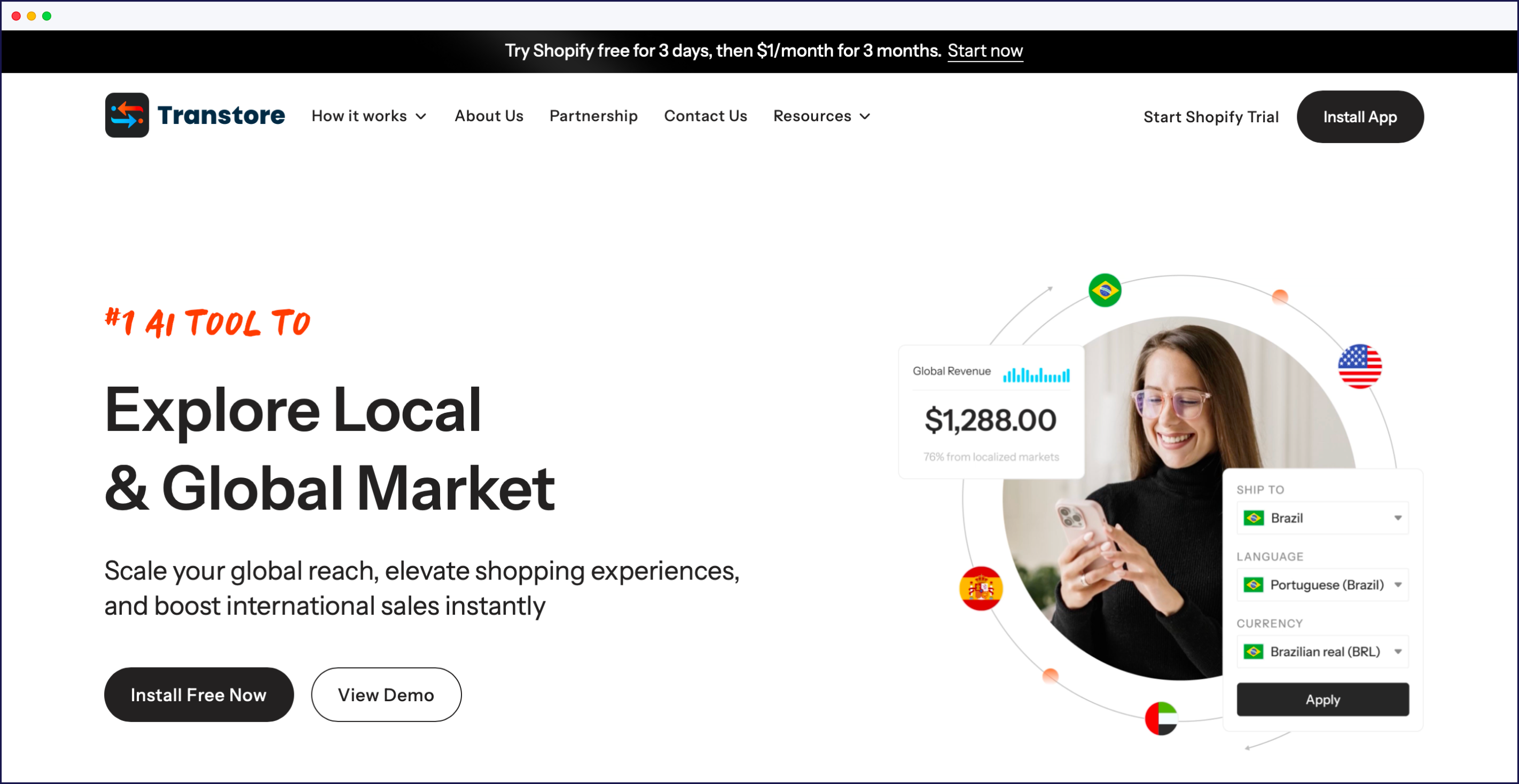 Transtore Shopify çeviri uygulaması ana sayfası