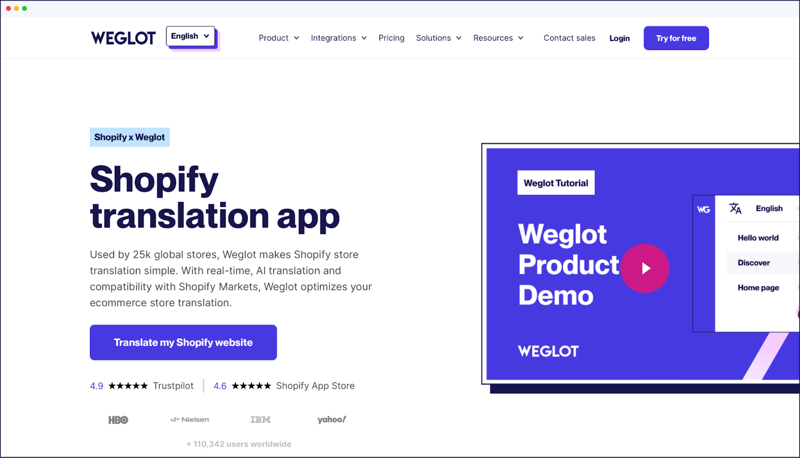 Shopify integration page on the Weglot website