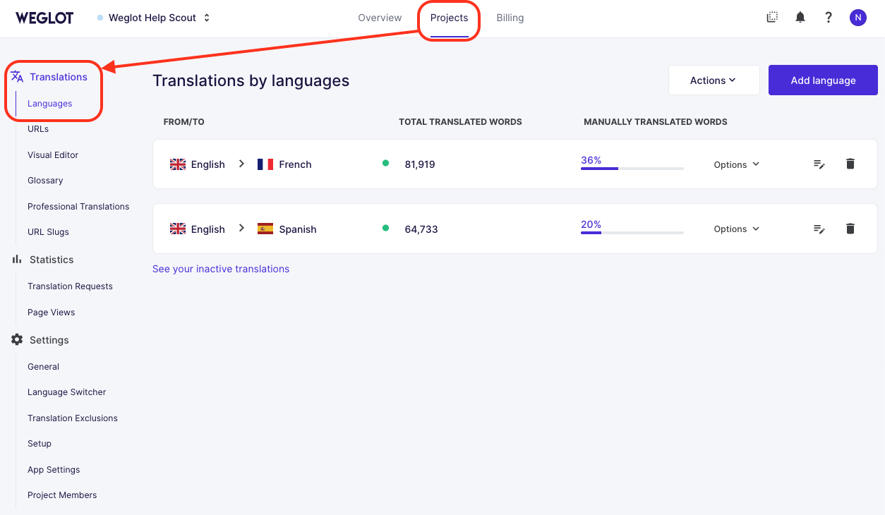 Weglot Translation projects interface