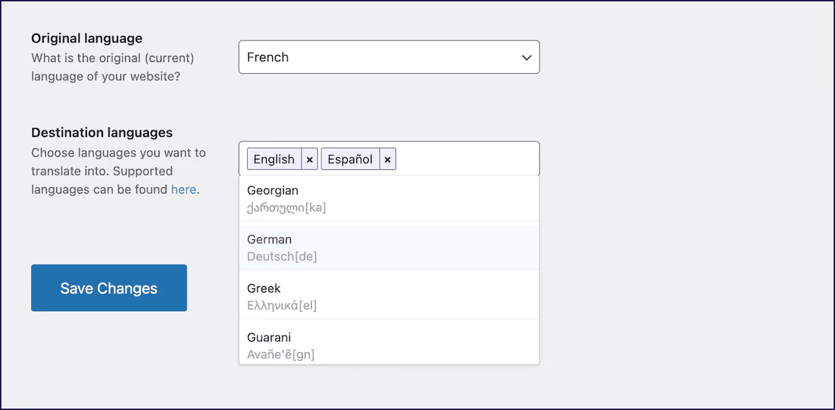 Choosing destination language for Weglot translation