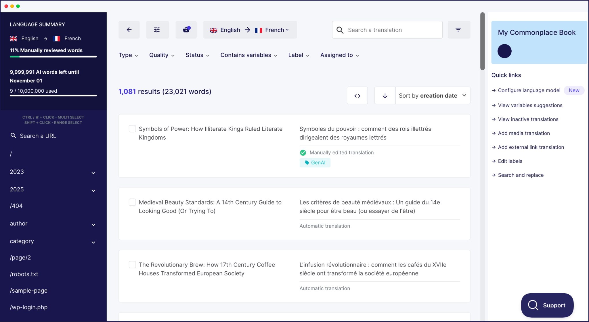 Weglot's Translation List