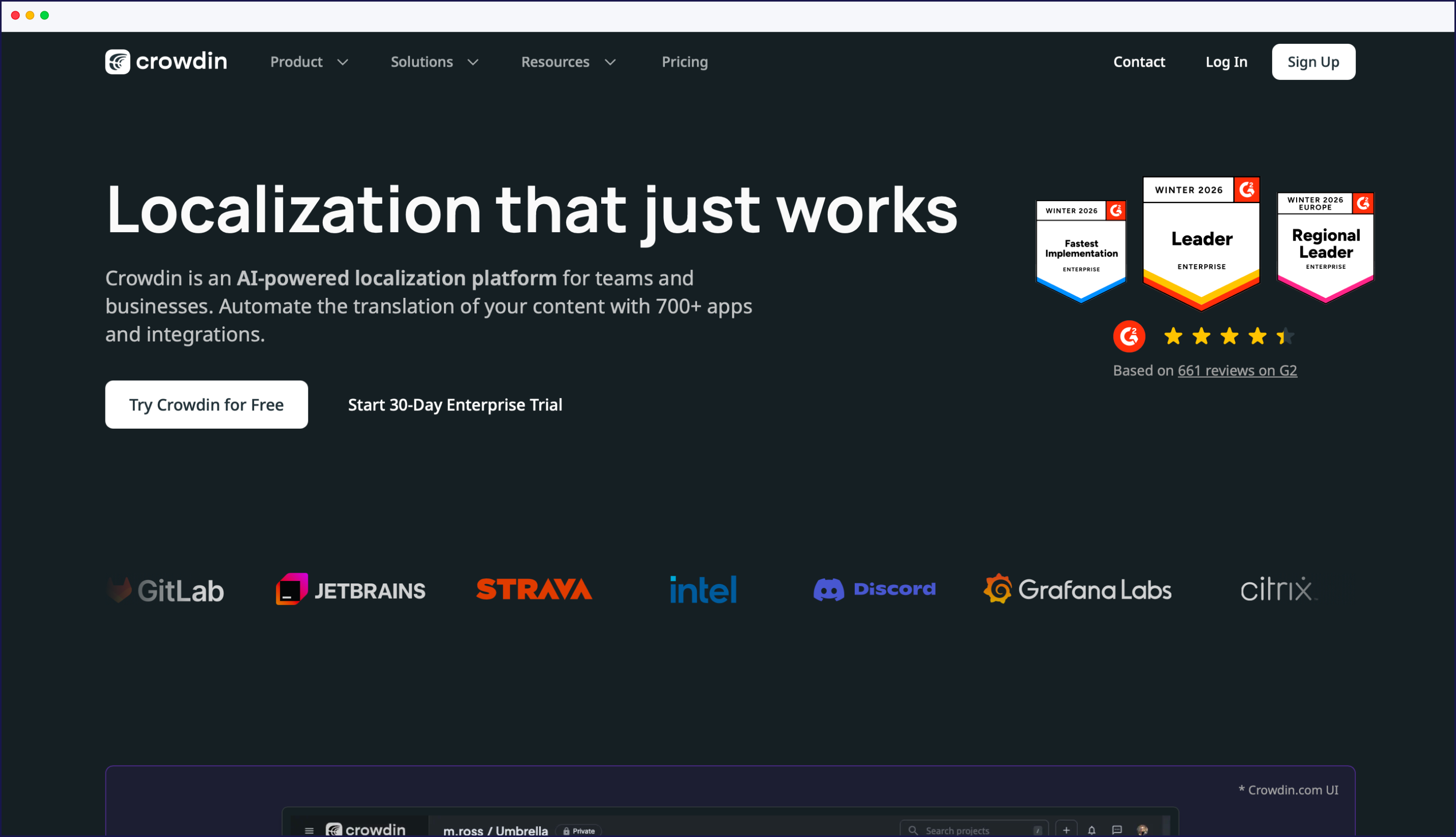 Crowdin 현지화 플랫폼 홈페이지