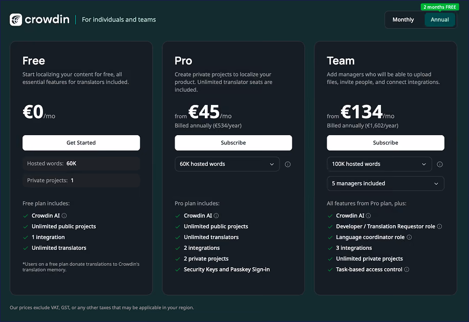 Page des tarifs Crowdin