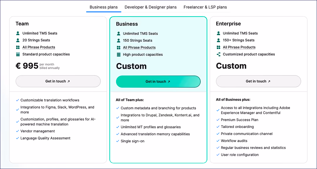 Phrase pricing page