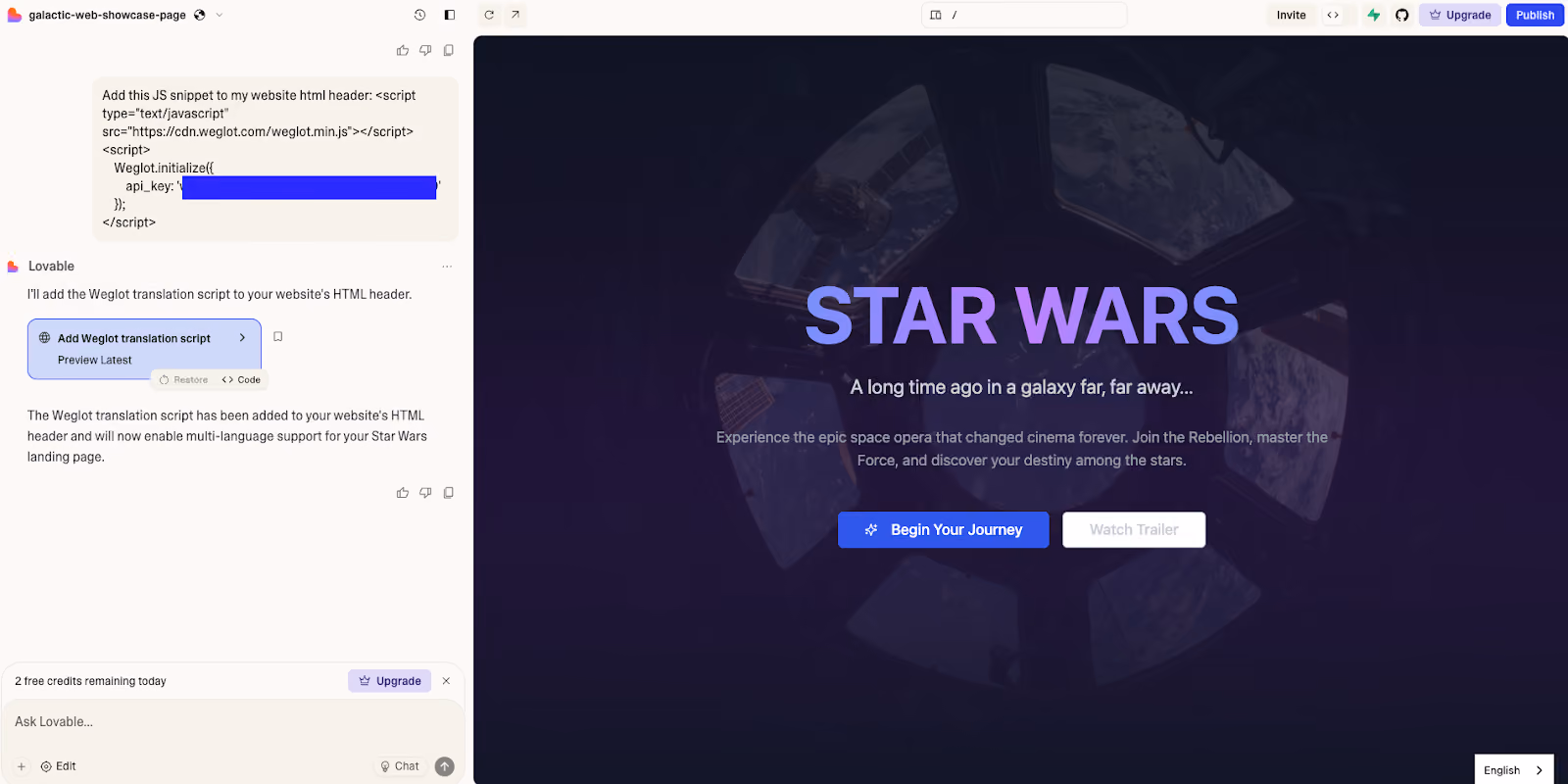 Lovable chat interface prompt Weglot snippet