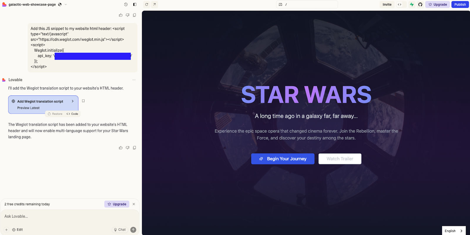 Lovable chat interface prompt Weglot snippet