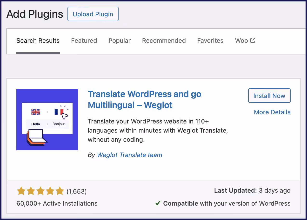Add the Weglot plugin in WordPress