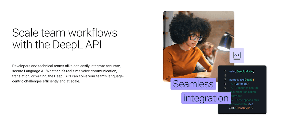 A code snippet showing a DeepL API integration example.
