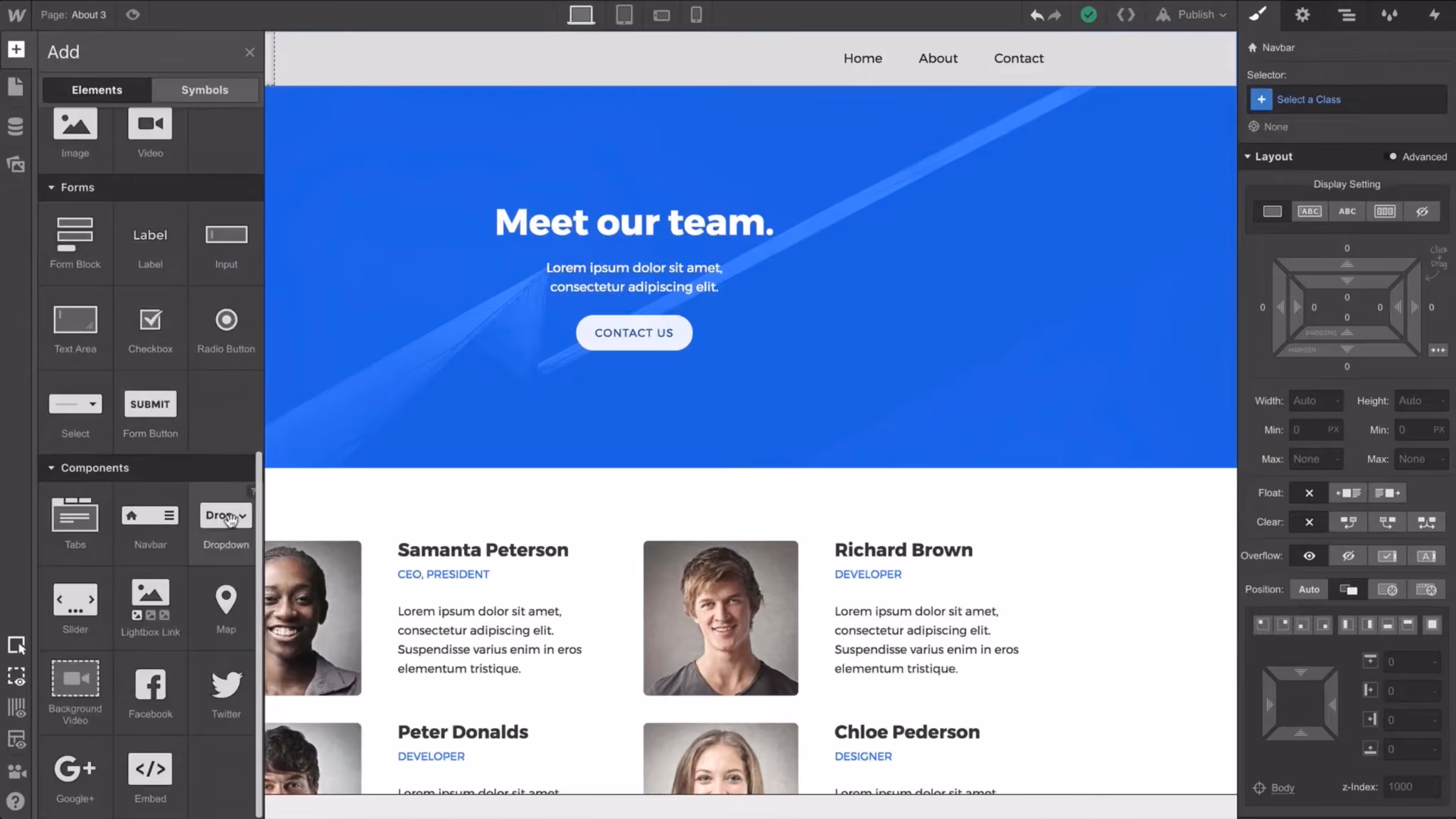 Where to find the Dropdown component on Webflow
