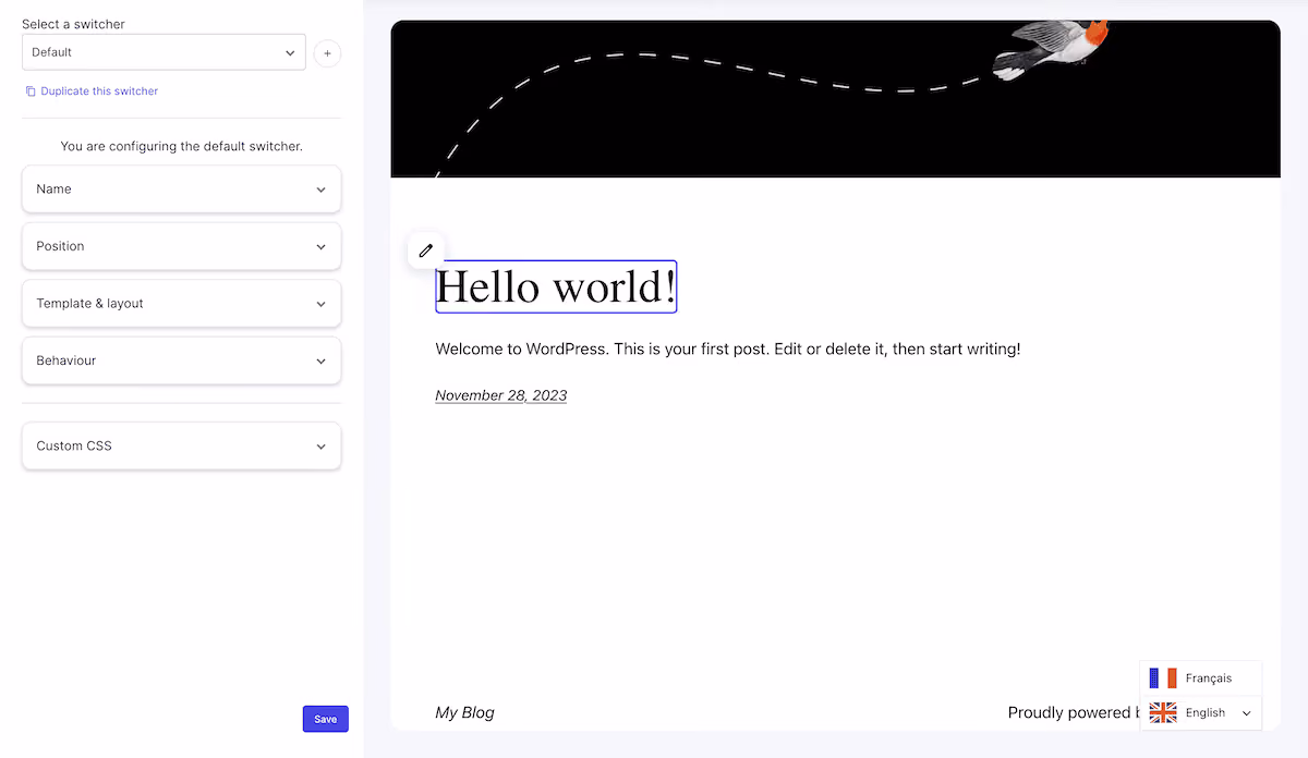 Editor do seletor de idiomas Weglot