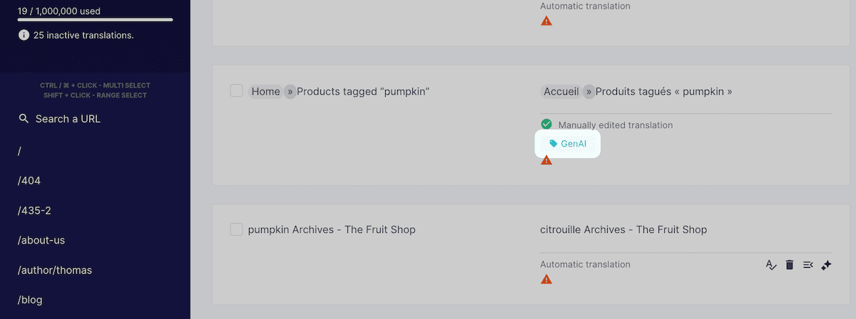 The Weglot Translation List showing a GenAI tag.