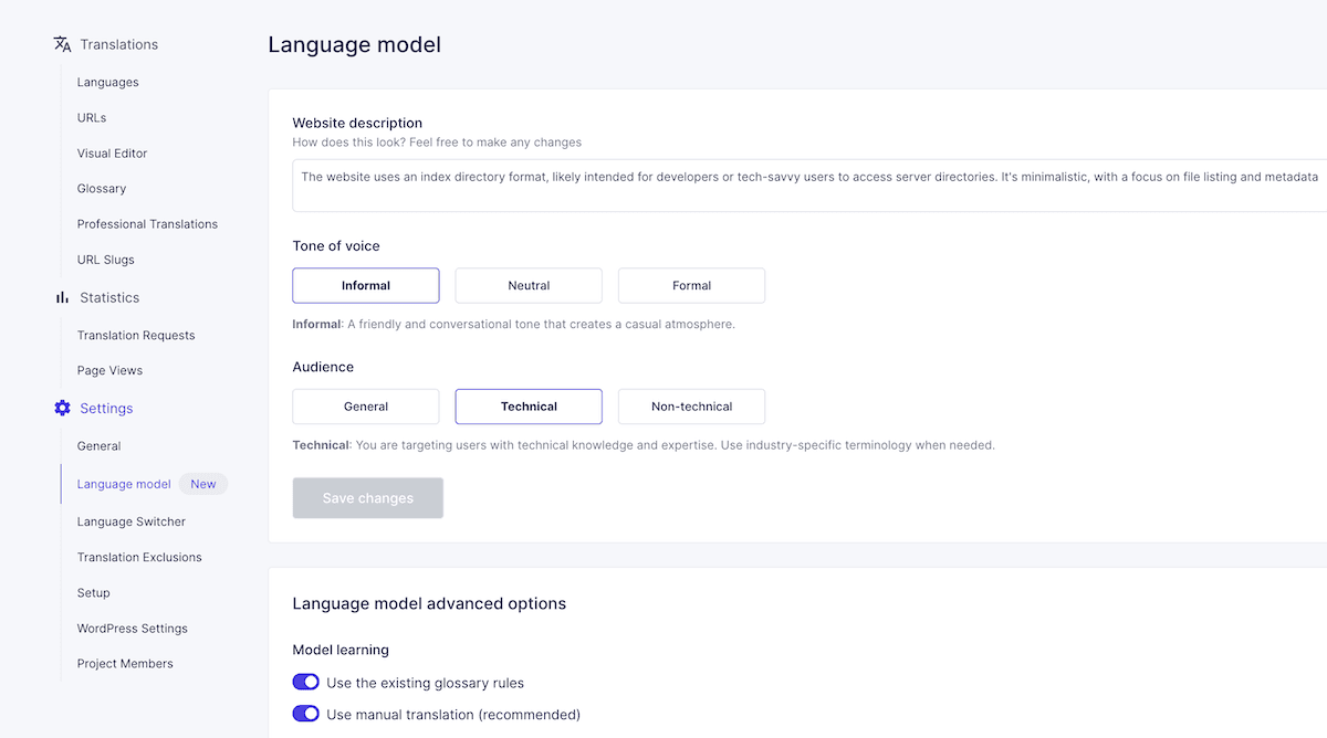 The Weglot dashboard showing the AI Translation Model setup screen with fields for brand description, tone of voice, and custom translation instructions.