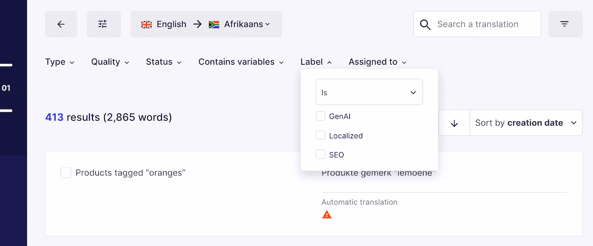 Weglot lista visar de filter som finns tillgängliga för att visa en specifik uppsättning strängar som ska redigeras.