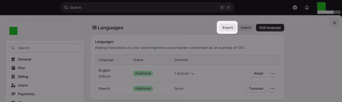 The Shopify admin page showing the Export button and language selection options for downloading a translations CSV file.