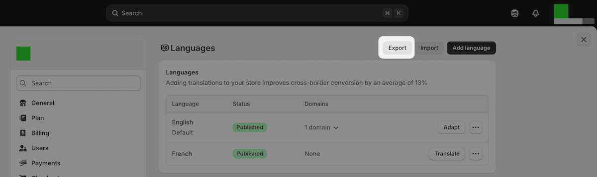 The Shopify admin page showing the Export button and language selection options for downloading a translations CSV file.