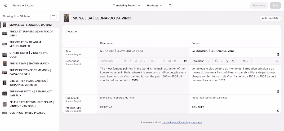 The Translate and Adapt app interface showing the two-language auto-translation functionality.