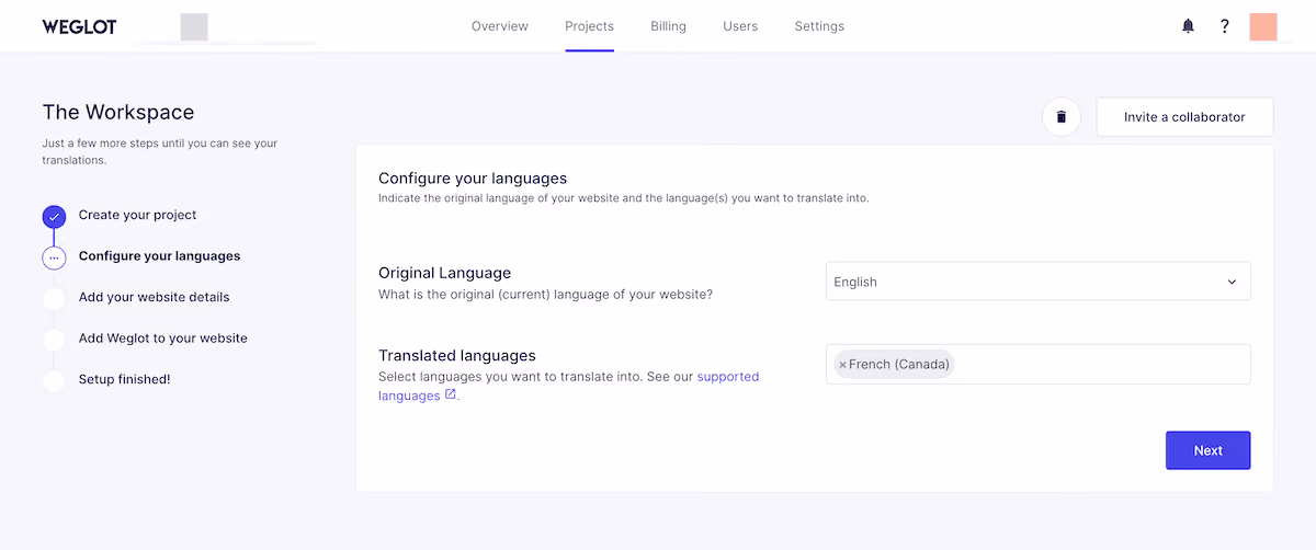The Weglot onboarding setup screen showing the original language selector and a multi-language destination field.