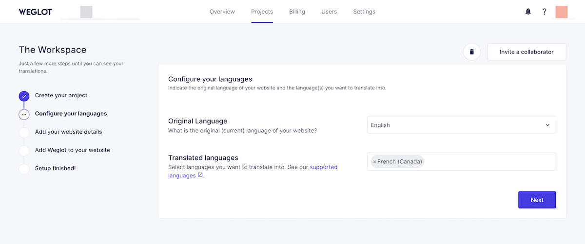 The Weglot onboarding setup screen showing the original language selector and a multi-language destination field.