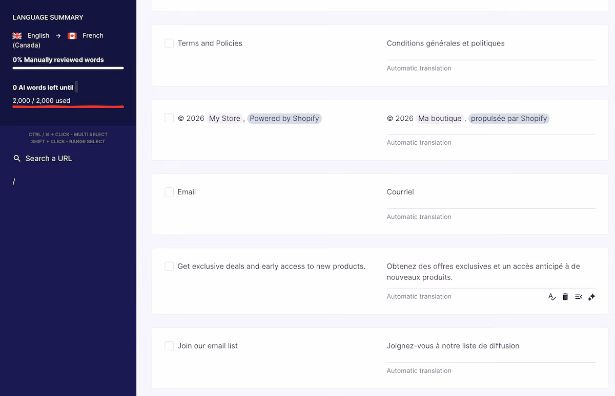 The Weglot Translations List dashboard showing a complete content set with original and translated strings.