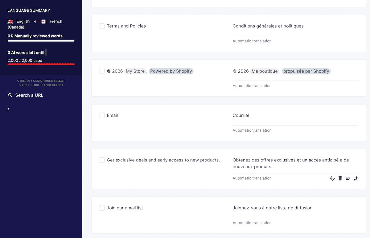 The Weglot Translations List dashboard showing a complete content set with original and translated strings.