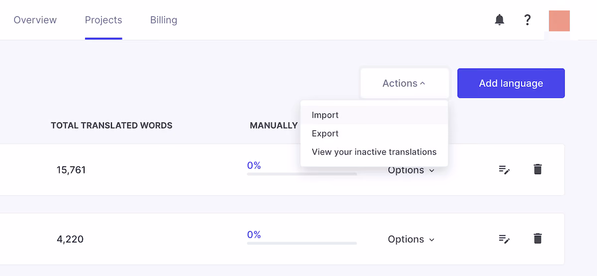 The Weglot Translation List showing the options to Import and Export a CSV.