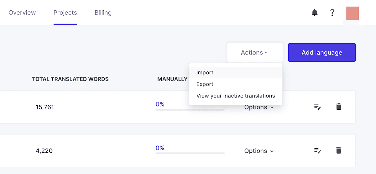 The Weglot Translation List showing the options to Import and Export a CSV.