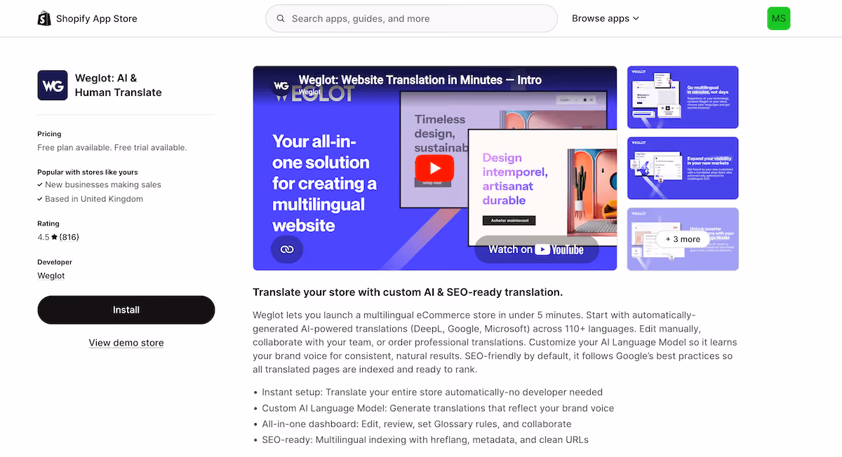 The Weglot translation app listing on the Shopify App Store.