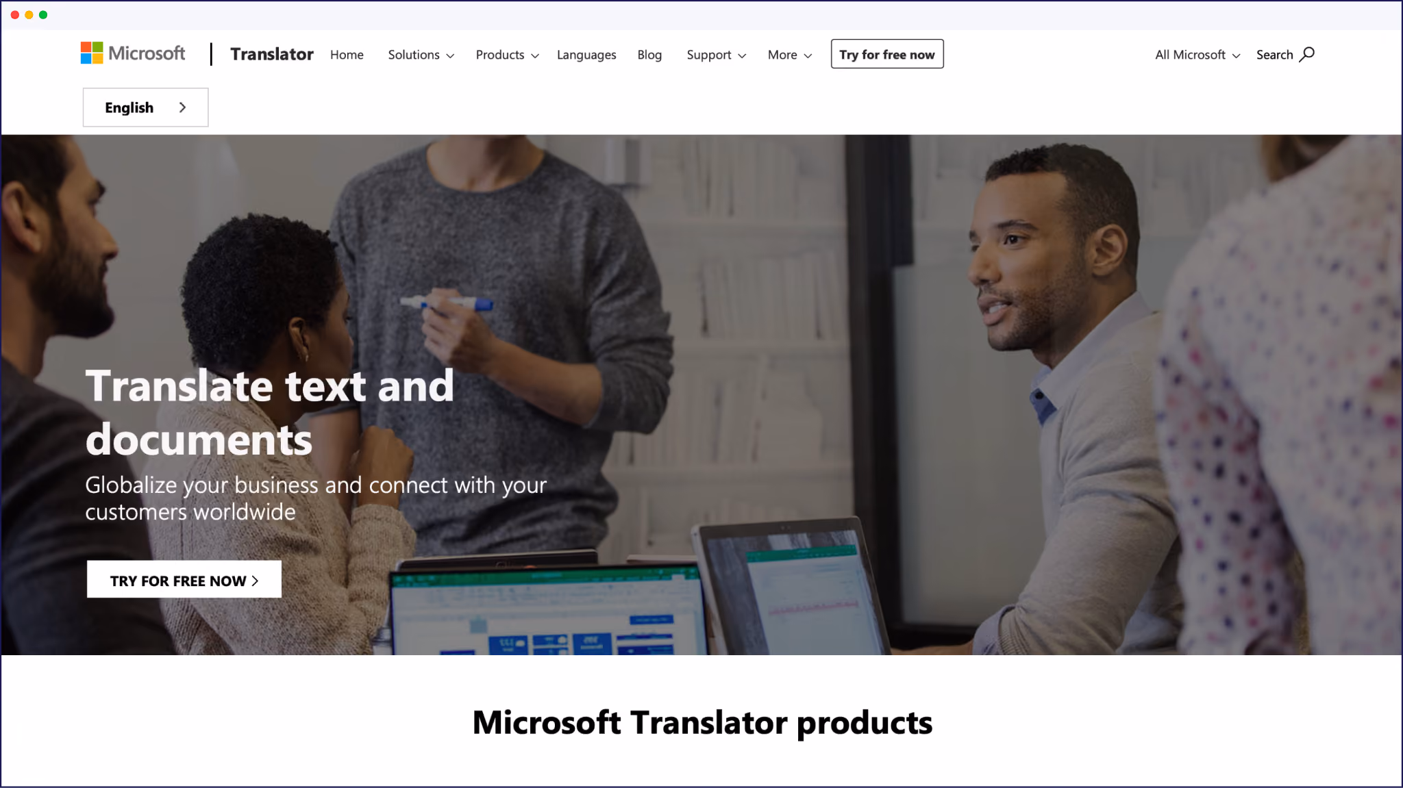 Microsoft translator website homepage