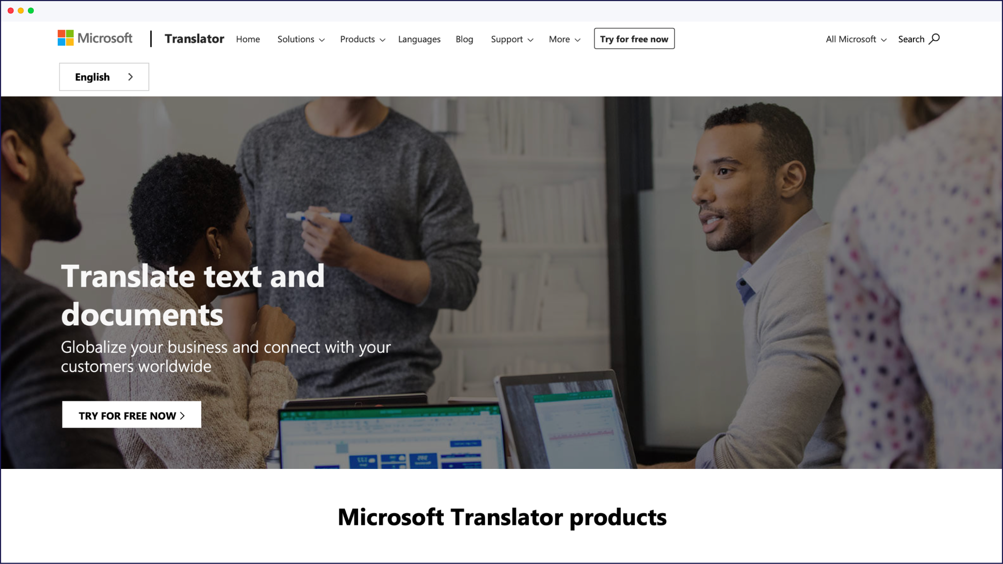 Microsoft translator website homepage