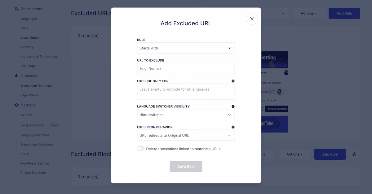 The Translation Exclusions screen within the Weglot dashboard.