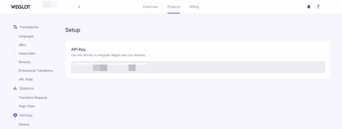 The Weglot dashboard showing the API key required to connect your site to Weglot.