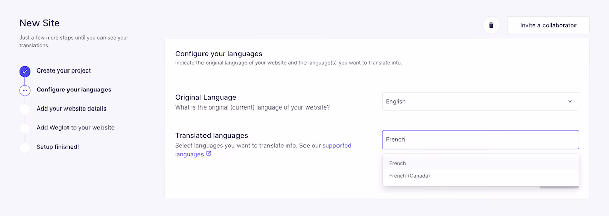 The Weglot onboarding wizard showing original language and destination language selectors.