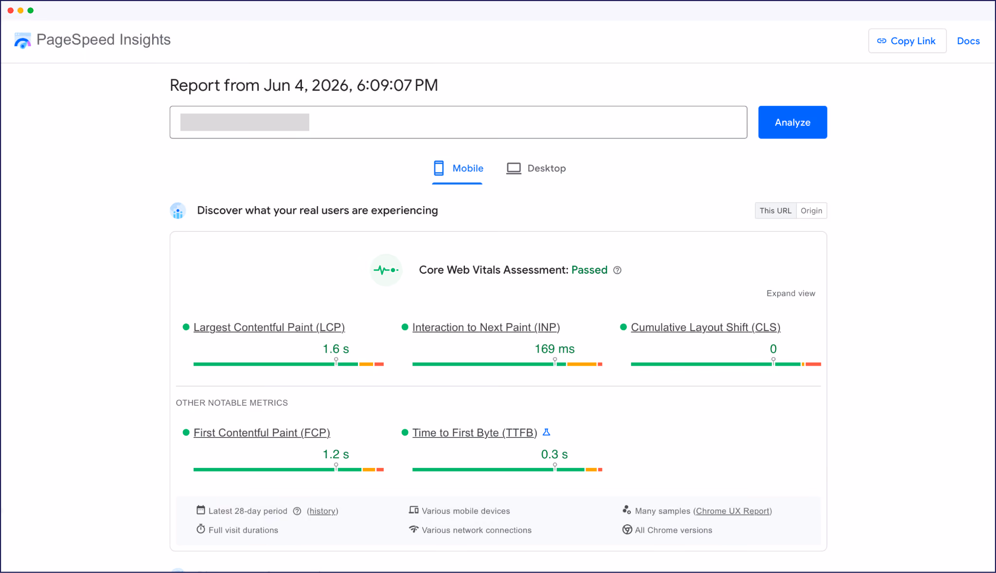 PageSpeed Insights mobile performance assessment for a localized website URL showing Core Web Vitals metrics