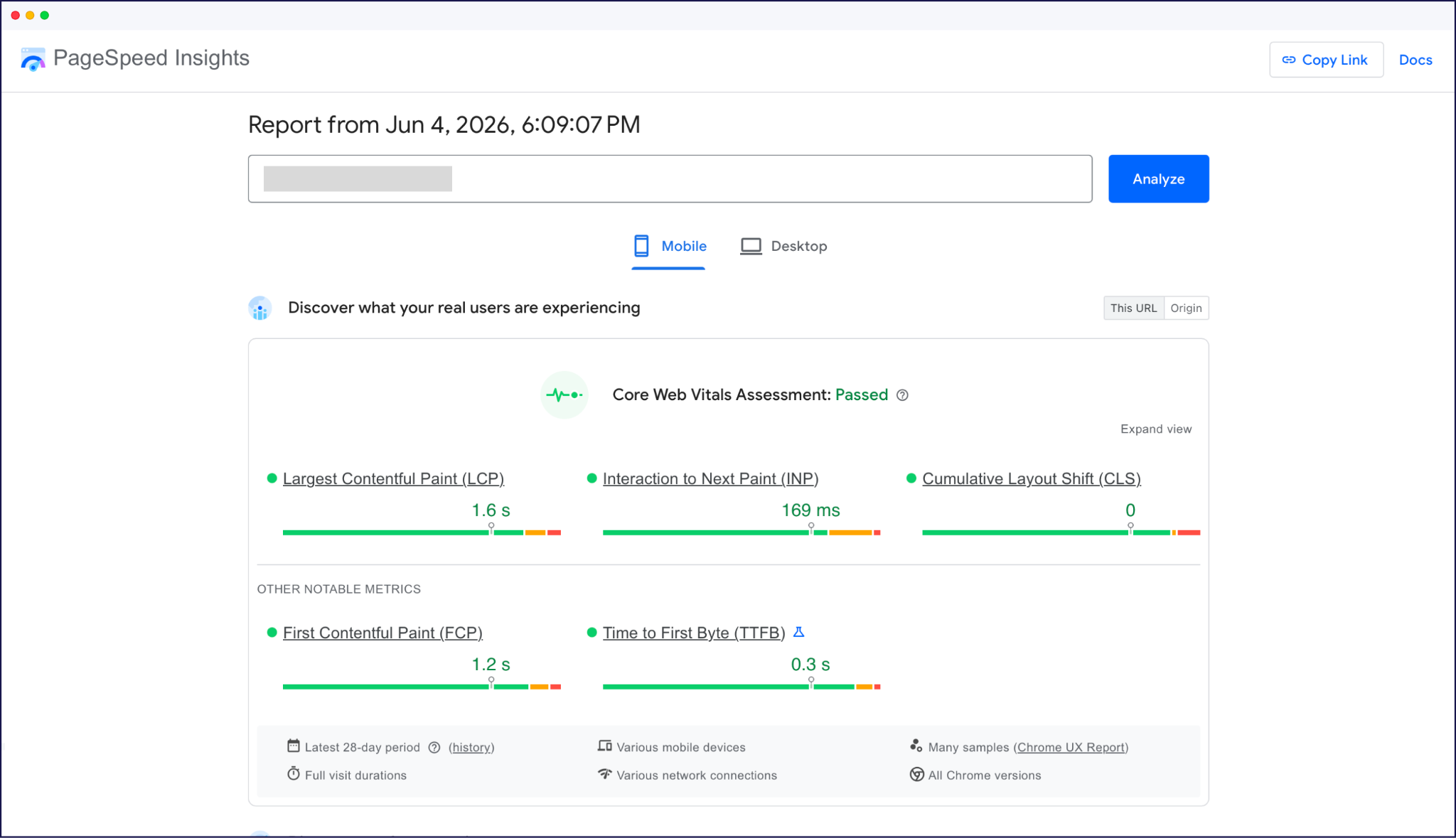 PageSpeed Insights mobile performance assessment for a localized website URL showing Core Web Vitals metrics