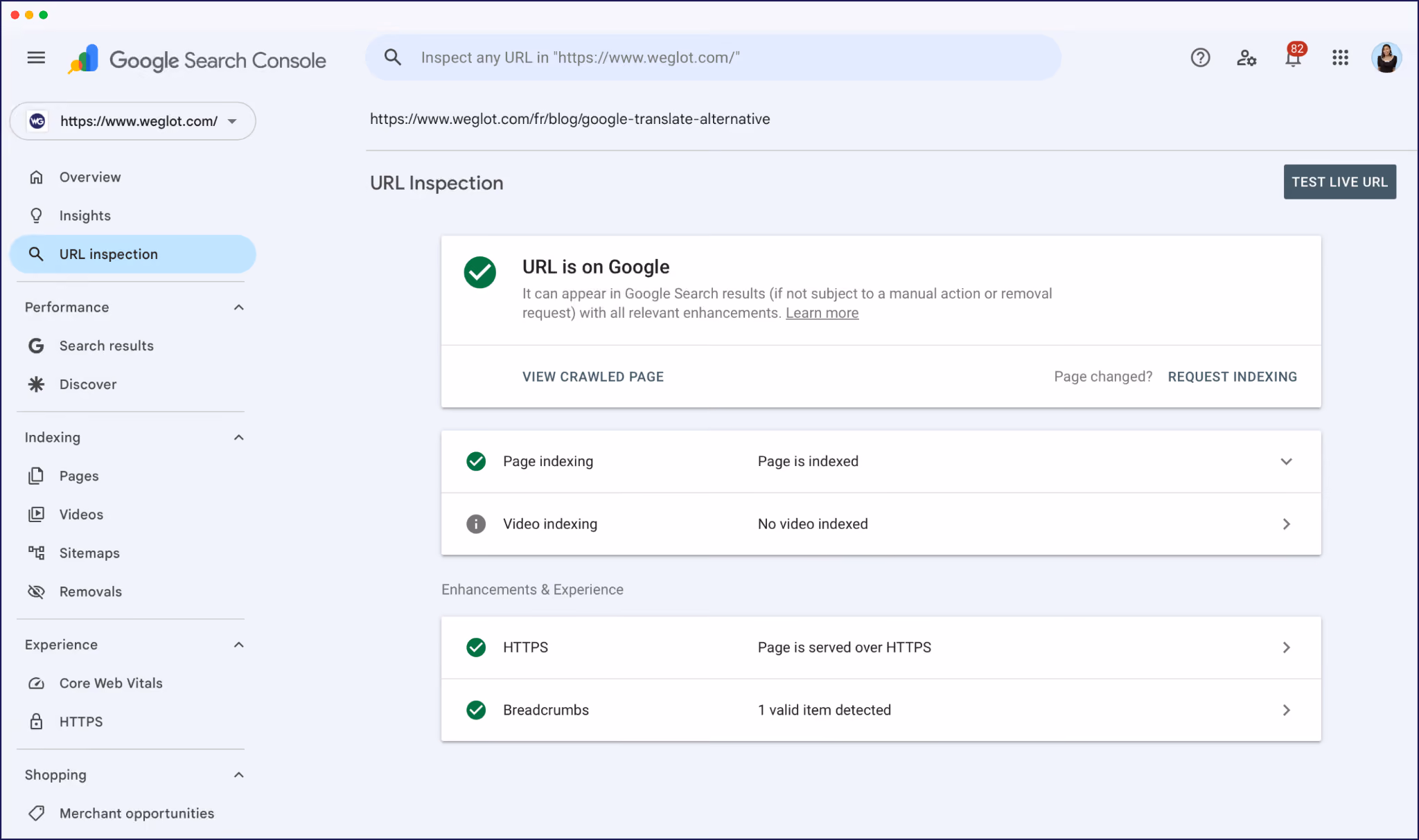 Google Search Console URL inspection tool results confirming successful indexing for a localized page