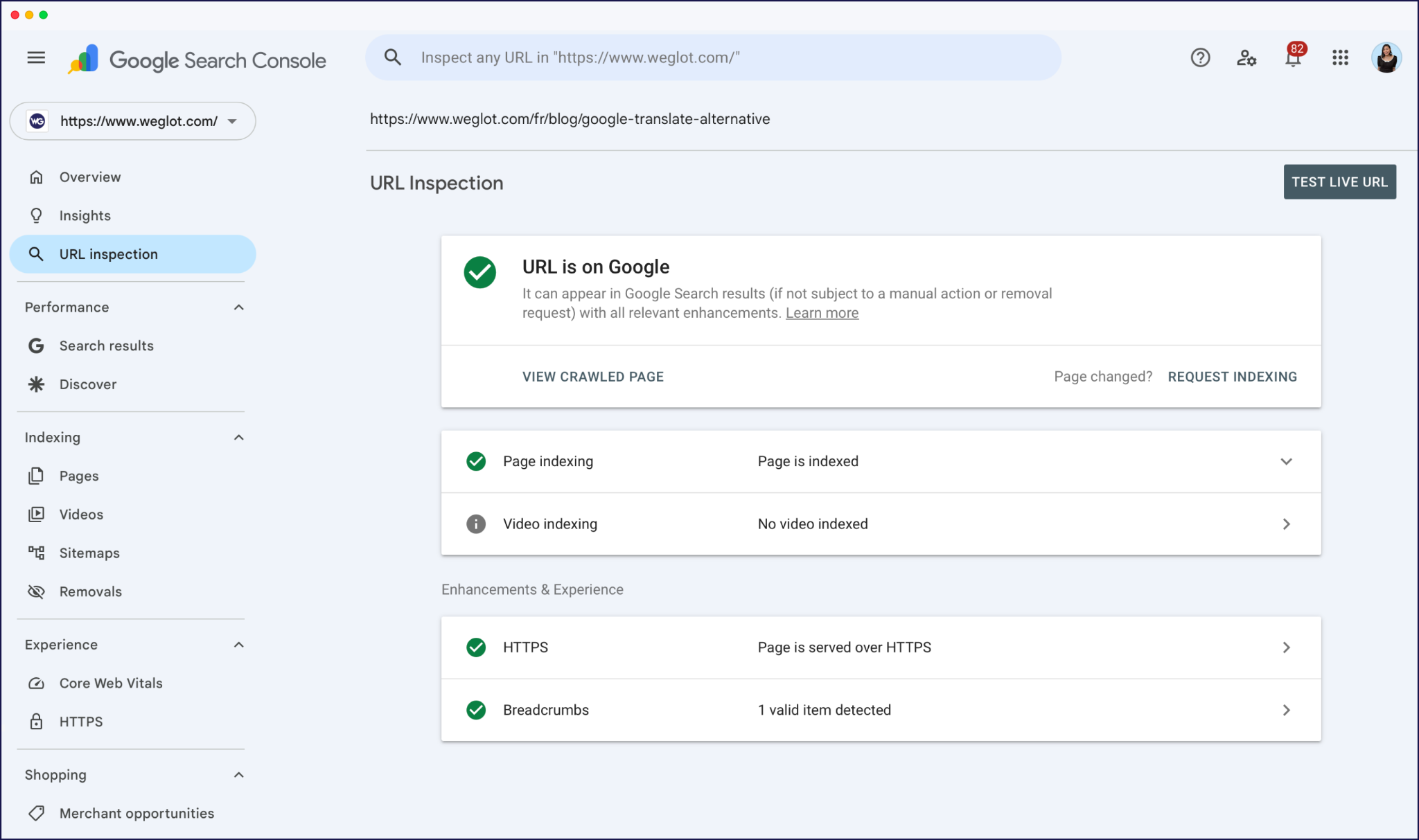 Google Search Console URL inspection tool results confirming successful indexing for a localized page