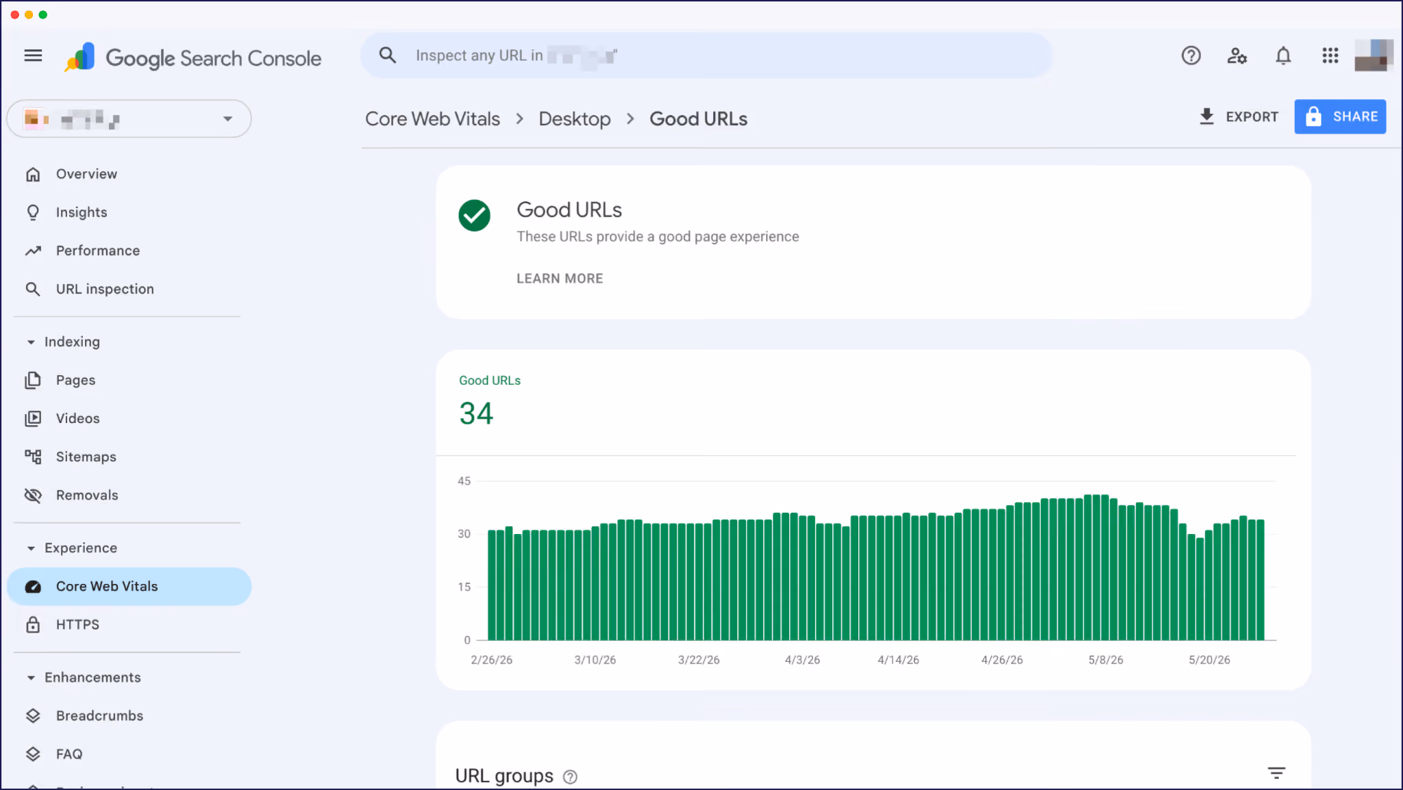 Google Search Console Core Web Vitals report showing "Good URLs" for desktop search performance