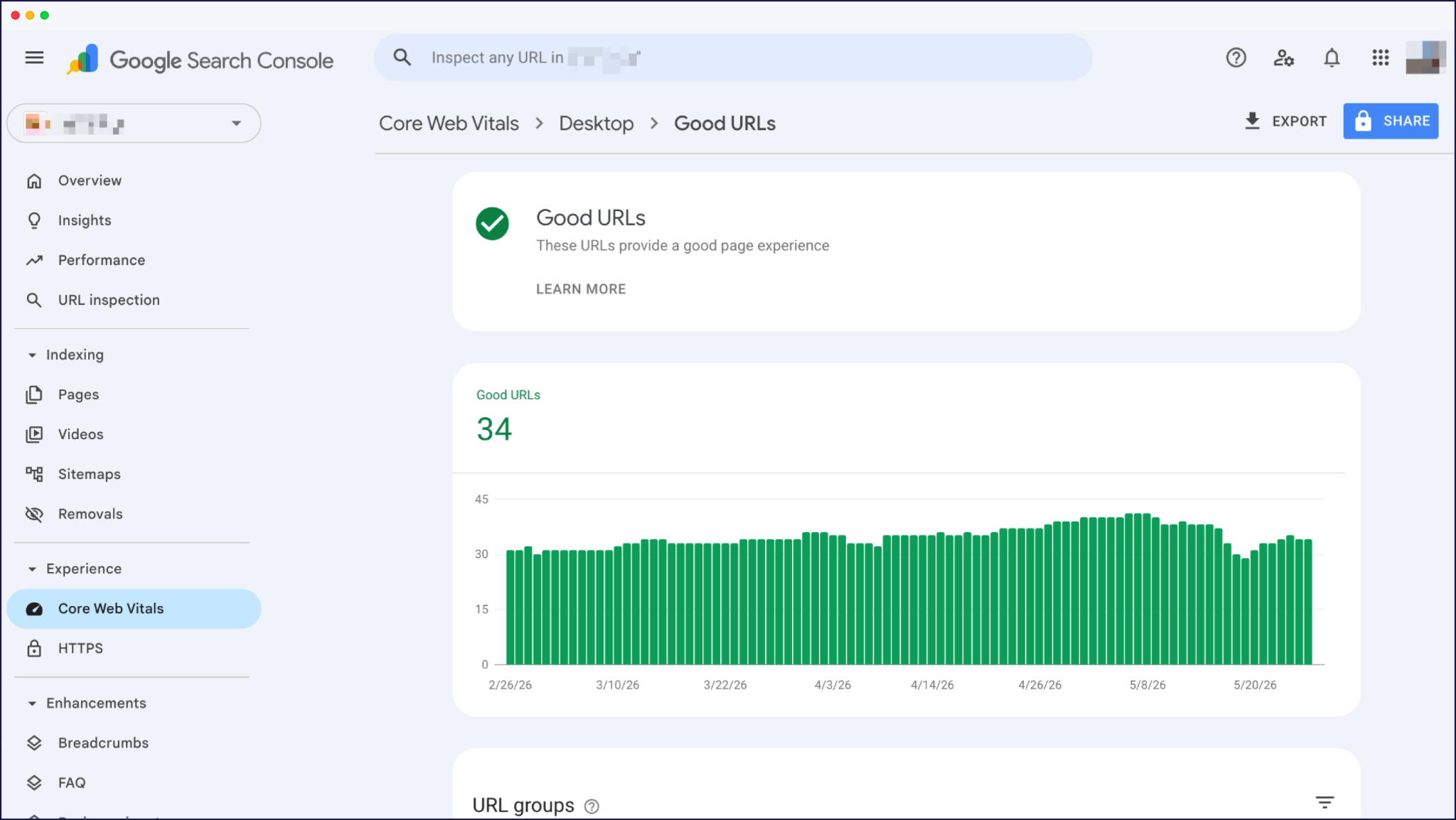 Google Search Console Core Web Vitals report showing "Good URLs" for desktop search performance