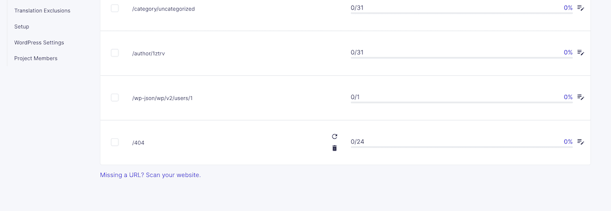 The Missing URL link and scan option in the Weglot dashboard.
