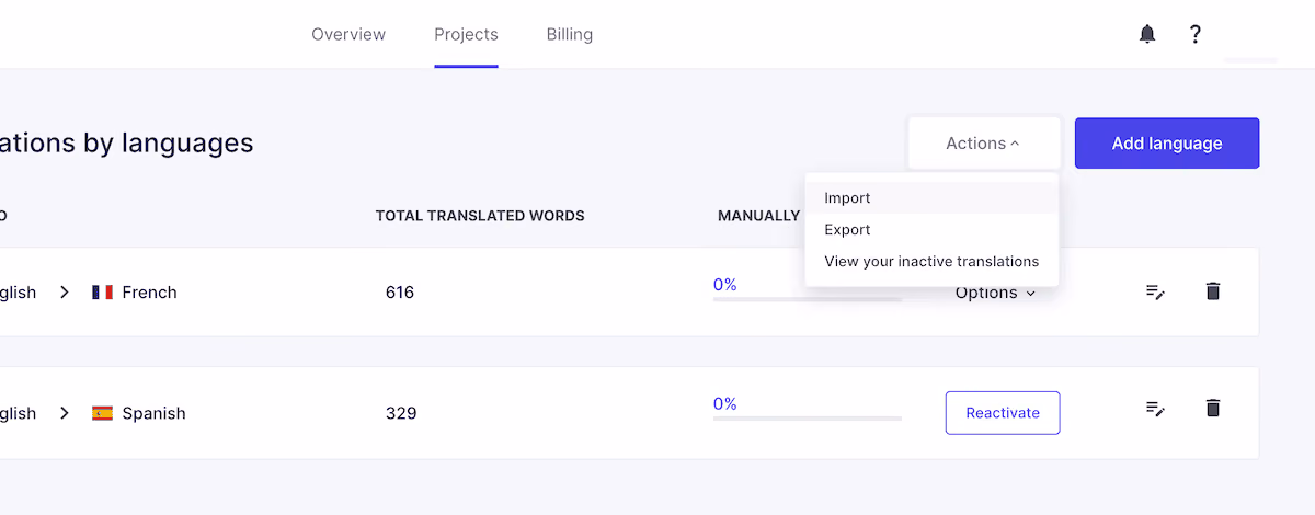The import dialog option on the Translation List screen in the Weglot dashboard.