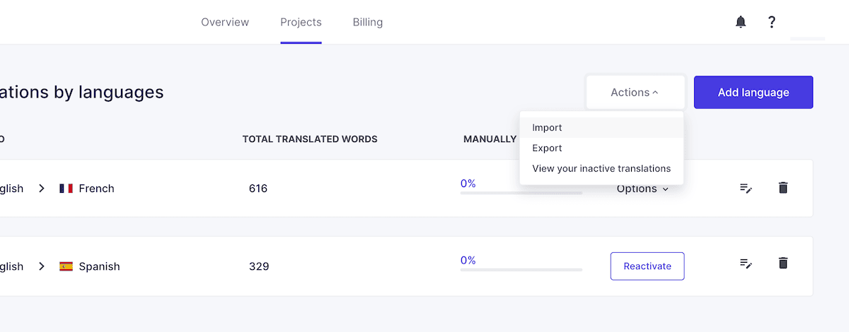 The import dialog option on the Translation List screen in the Weglot dashboard.